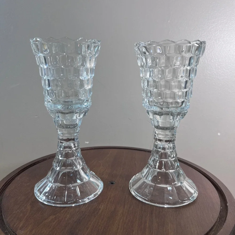 Vtg HOMCO Cubist Candlestick Holders Clear Pressed Glass Set of 2 MCM Decor